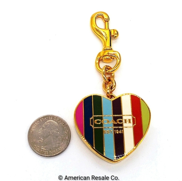 COACH Vintage Legacy Stripe Magnetic Heart Gold Locket Fob Keychain Poppy - Picture 9 of 10